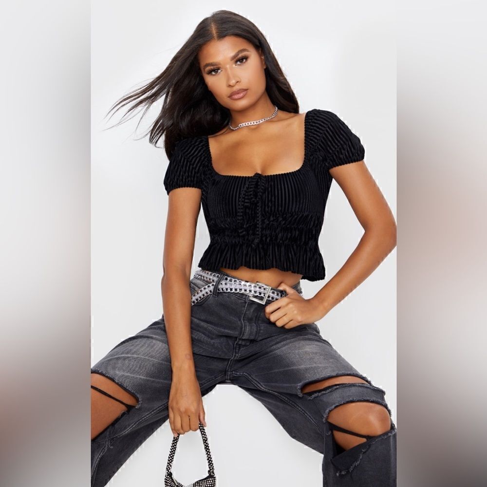 Prettylittlething Black Rib Velvet Puff Sleeve Crop Top Size 4
